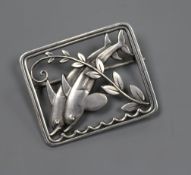 A Georg Jensen sterling silver twin dolphin and scrolling leaf branch rectangular brooch, no. 251,