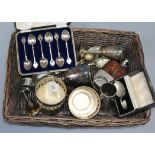 A silver-mounted plated hip flask and assorted plated ware