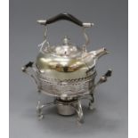 A Christopher Dresser-style plated tea kettle, burner and stand