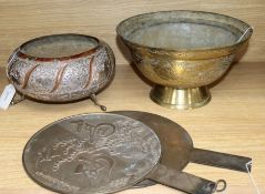 Two Japanese bronze mirrors, a Sri Lankan silver-overlaid copper bowl with scrolled feet (KAA