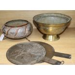 Two Japanese bronze mirrors, a Sri Lankan silver-overlaid copper bowl with scrolled feet (KAA