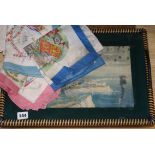 Six Victorian and Edwardian commemorative printed scarves and a 'doodlebug' tray.