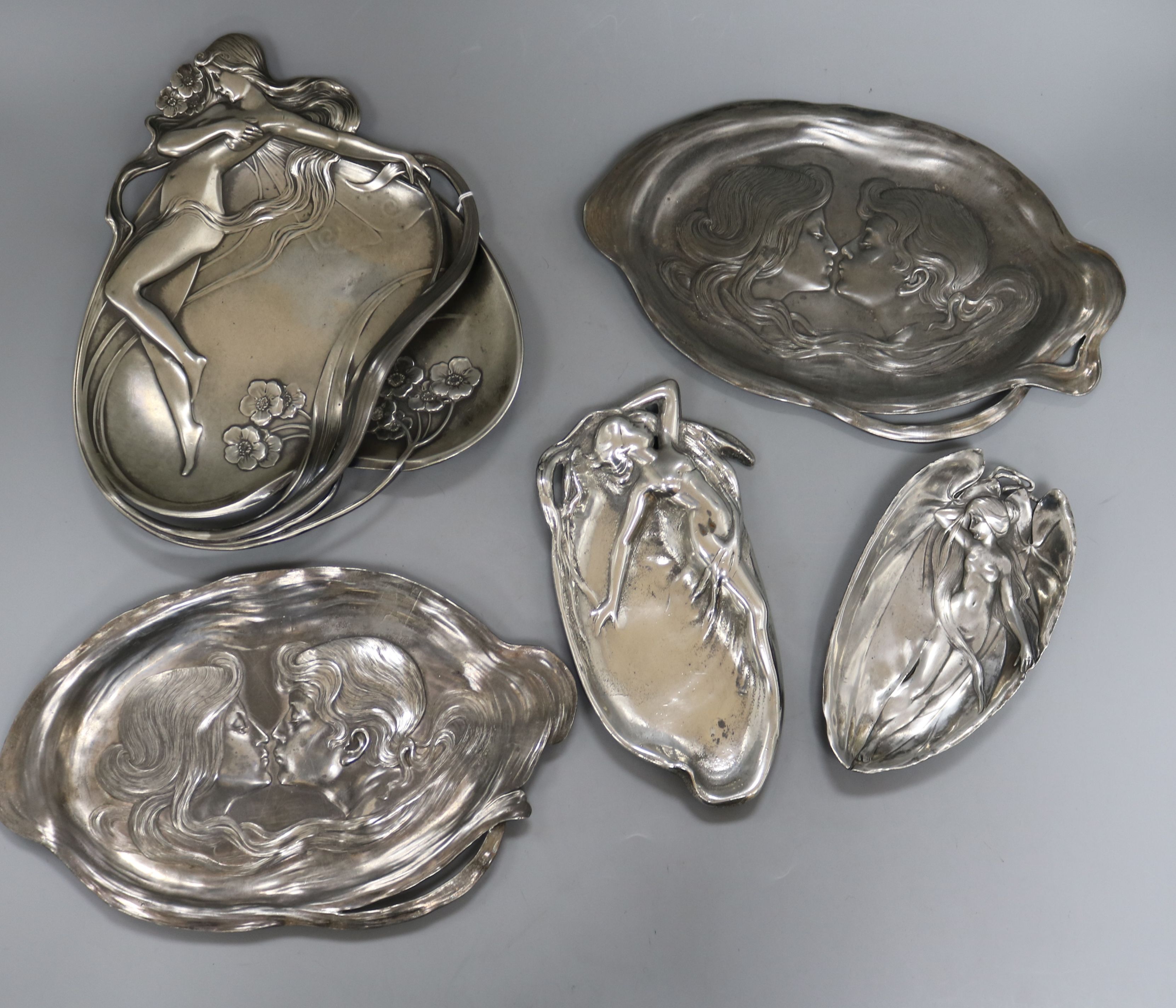 A pair of WMF Art Nouveau dishes and three other similar dishes (5) one reproduction