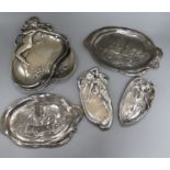 A pair of WMF Art Nouveau dishes and three other similar dishes (5) one reproduction