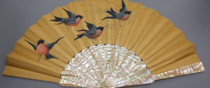 A French fan with mother of pearl sticks and painted with birds, in original retailer's box