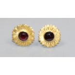 A pair of 18ct gold and garnet flower head ear clips, stamped, G. Dalgleish, 18mm.