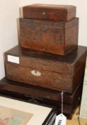 A Victorian Tunbridgeware tea caddy, a George III writing slope and two other boxes