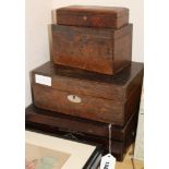 A Victorian Tunbridgeware tea caddy, a George III writing slope and two other boxes