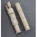 A 19th century Chinese export ivory bodkin case and the figure of a woman