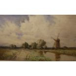 William Tatton Winter, watercolour, River landscape with windmill, signed, 44 x 74cm