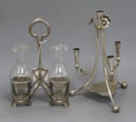 An EPNS candelabra and an Art Nouveau pewter condiment stand