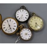 A 14k yellow metal fob pocket watch and three other pocket watches.