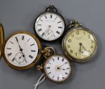 A 14k yellow metal fob pocket watch and three other pocket watches.