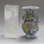 An intaglio glass sculpture by Crispian Heath, signed, H 25.5cm and an amphora-style pottery jar
