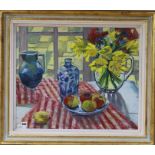 Aggy Boshoff (20th century), oil on canvas, still life with apples and a vase of flowers on a table,
