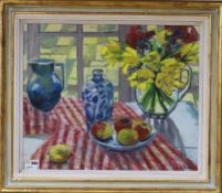 Aggy Boshoff (20th century), oil on canvas, still life with apples and a vase of flowers on a table,