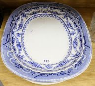Three blue and white oval meat dishes, including one by Mortlock