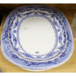 Three blue and white oval meat dishes, including one by Mortlock