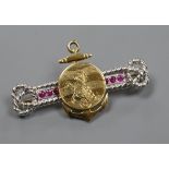 Honorable Company of Master Mariners- an 18ct two-colour gold and ruby-set brooch, 51mm.