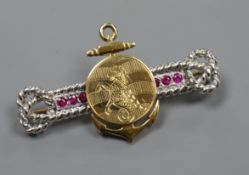 Honorable Company of Master Mariners- an 18ct two-colour gold and ruby-set brooch, 51mm.