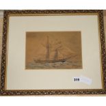 R J Fayle, watercolour, Schooner Fossy 1837, 16 x 23cm.