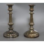 A pair of Sheffield plate candlesticks height 28cm