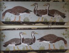 A pair of large Egyptian-style textured 'fresco' paintings each decorated with three geese (