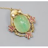 A gilt white metal, cabochon beryl and gem set oval pendant brooch, surmounted with a fox, 41mm