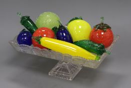 Nine Bohemian glass fruits and a glass stand