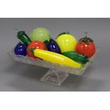 Nine Bohemian glass fruits and a glass stand