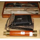 A Sheffield three drawer telescope, a Kodak camera and surgical instruments in a Chinese box