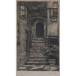 T.J. Farnworth, pair of watercolours, landscape and an etching, 'Strangers Hall Doorway, St Andrew