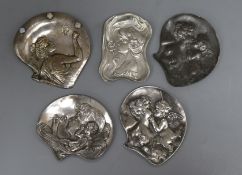 Five miniature Art Nouveau pewter / metalware wall plaques