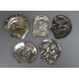 Five miniature Art Nouveau pewter / metalware wall plaques