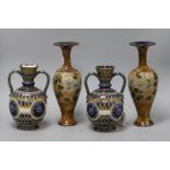 A pair of Doulton Lambeth two handled vases and a pair of Doulton bottle vases tallest 27cm