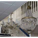 A cut glass bag shaped ceiling shade and a six branch glass drop electrolier