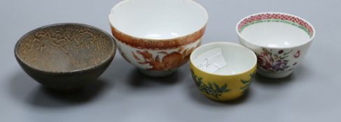 Three Chinese enamelled porcelain tea bowls and a Henan type bowl