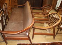 A mid century Greaves and Thomas put-you-up davenport sofa bed and two chairs W.205cm