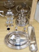 A quantity of plated ware to include two entree dishes and egg cruet