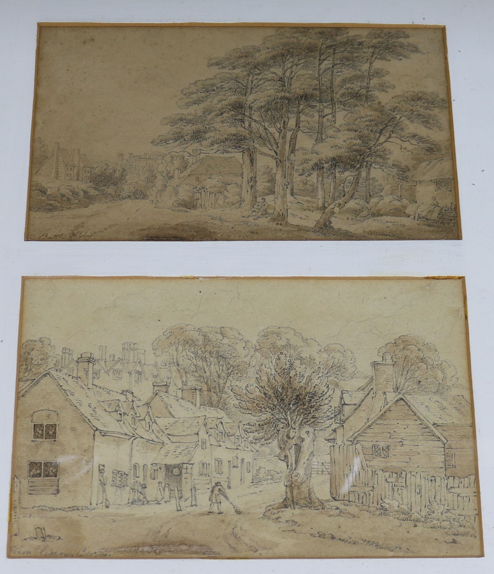 Two 19th century pencil sketches, Battle and Berkshire, framed as one largest 14 x 21cm.
