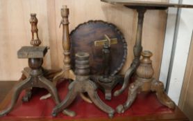 Six 19th century table/screen bases, tea table and table top (8)