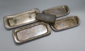 Four Sheffield plate snuffers trays and a dish wedge Largest 23cm x 10cm wide