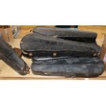 Three half size violins, a quantity of bows and six violin cases