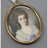 A yellow metal mounted oval miniature portrait pendant, 40mm.