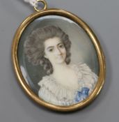A yellow metal mounted oval miniature portrait pendant, 40mm.