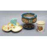 A small collection of ceramics, including a Clarice Cliff Bizarre three-section hors d'oeuvres dish,