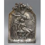 A large WMF Art Nouveau embossed classical figural scene plaque length 35cm