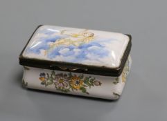 A 19th century French faience painted enamel snuff box, 82mm