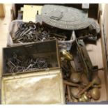 A quantity of mixed metal door furniture, keys etc