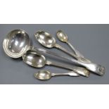A George IV silver fiddle, thread and shell pattern soup ladle, London, 1827 and four other silver
